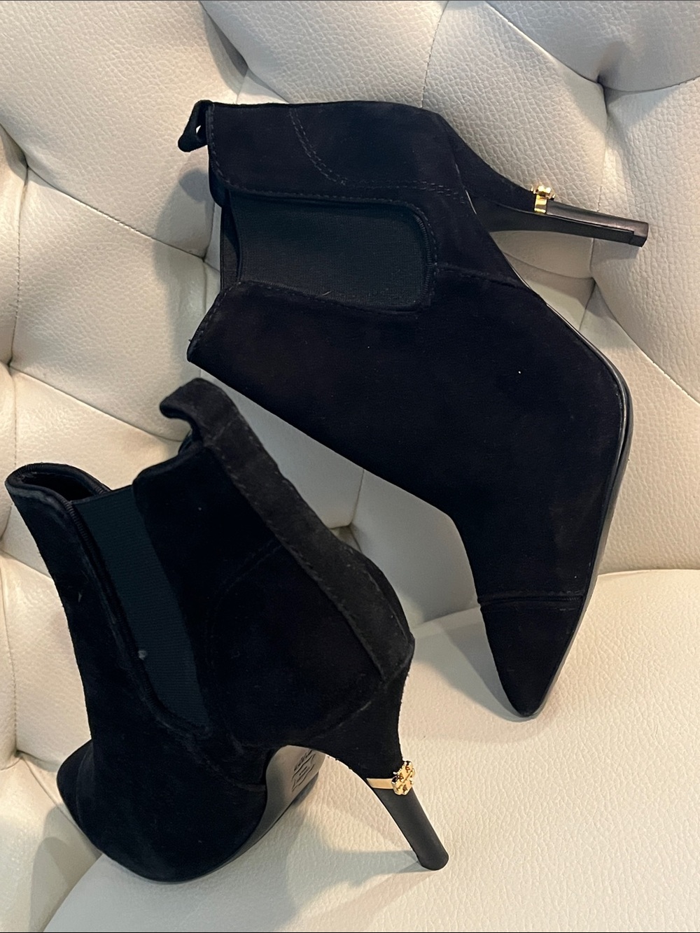 Tory Burch Black Suede Pointed Toe Ankle Booties with Gold Heel Accent